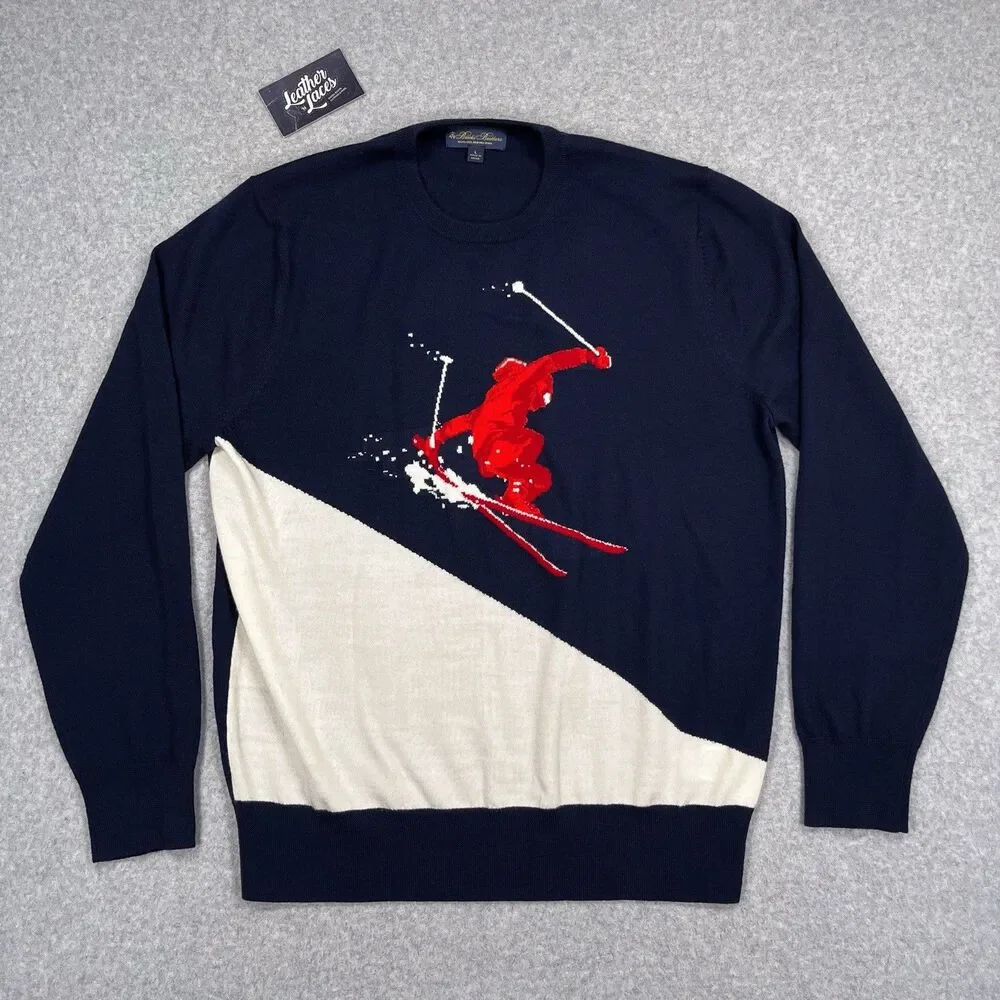 Brooks Brothers Sweater Mens Large Washable Merino Wool Crewneck Skier Ski Knit - Picture 2 of 11